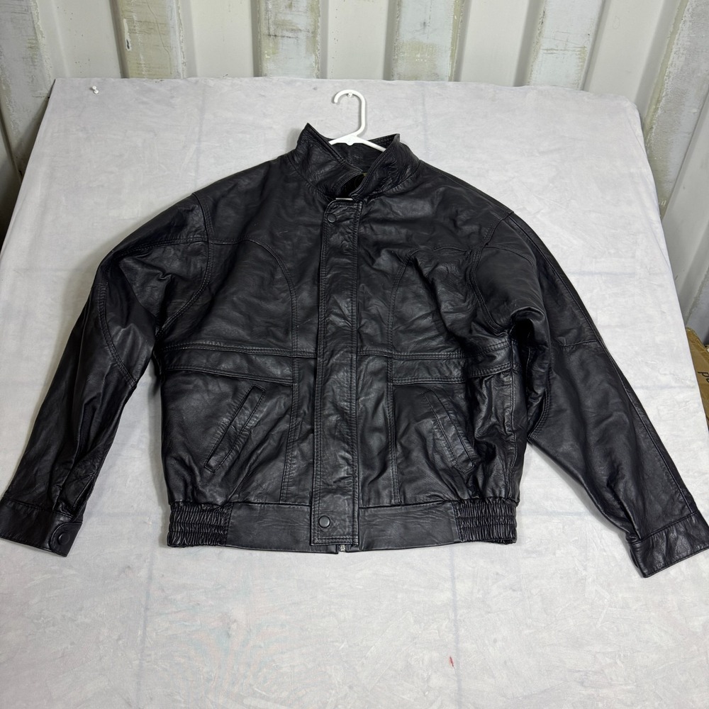 Vintage‎ MG Mens Bomber Jacket XL Black Leather Full Zip Long Sleeve Outdoor XL